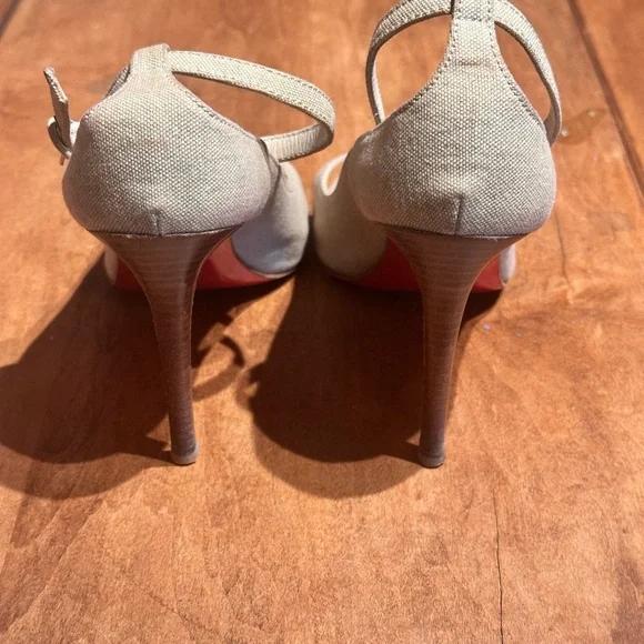 Beige Linen Peep-Toe High Heels with Ankle Strap - Sz 40 - Picture 6 of 8